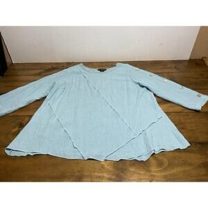 Ali Miles 3/4 Button Sleeve Uneven Hem Light Blue Tunic Lagenlook Size PXL